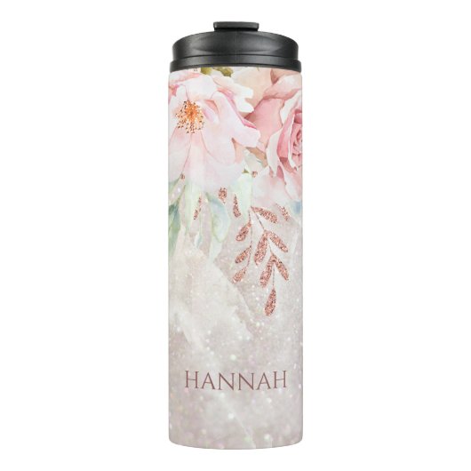 Monogram Elegant Roze Roze Pioen Bloemen Marmer Thermosbeker (Voorkant)