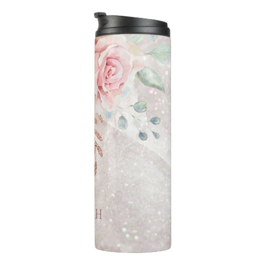 Monogram Elegant Roze Roze Pioen Bloemen Marmer Thermosbeker (Geroteerd rechts)