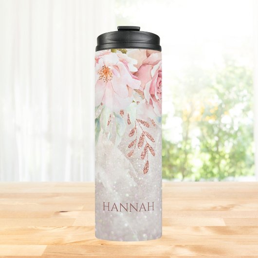 Monogram Elegant Roze Roze Pioen Bloemen Marmer Thermosbeker