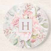Monogram Elegant Roze Roze Pioen Bloemen Marmer Zandsteen Onderzetter (Voorkant)