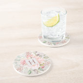 Monogram Elegant Roze Roze Pioen Bloemen Marmer Zandsteen Onderzetter (Zijkant)