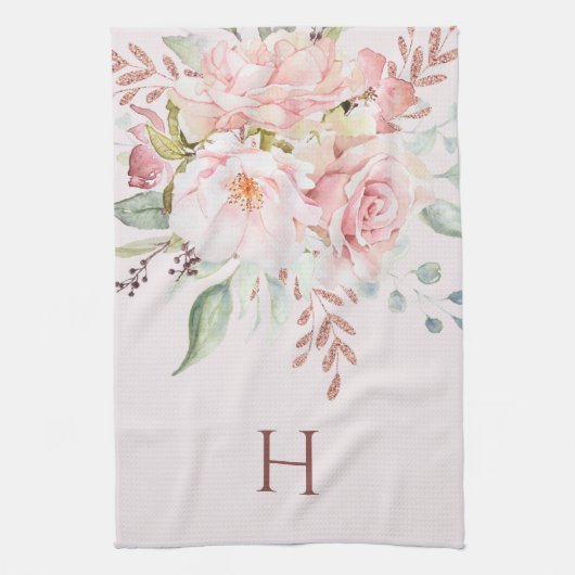 Monogram Elegant Roze Roze Pioen Bloemen Theedoek (Verticaal)
