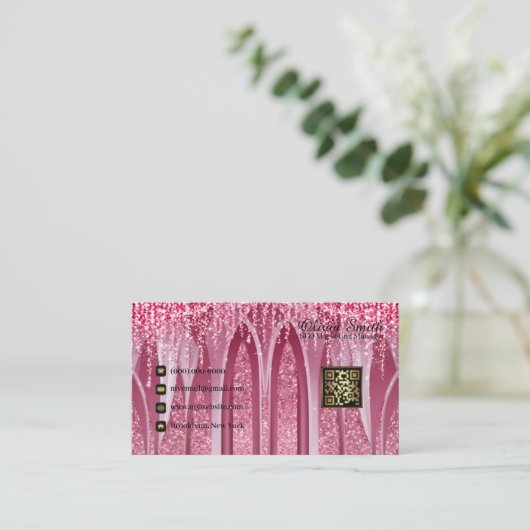 Monogram Elegant Roze Sparkle QR-code Visitekaartje (Staand voorkant)