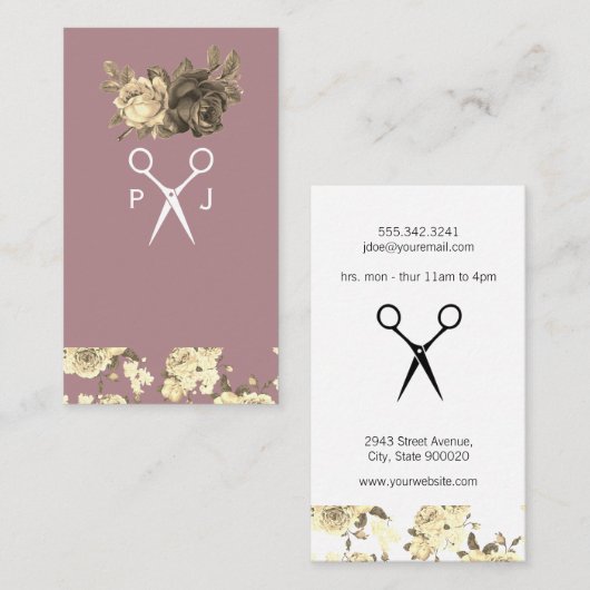 Monogram Elegant Rozen en Pattern Salon Shears Visitekaartje (Voorkant / Achterkant)
