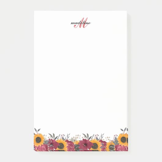 Monogram Elegant Rustic Sunflower Burgundy Post-it® Notes (Voorkant)