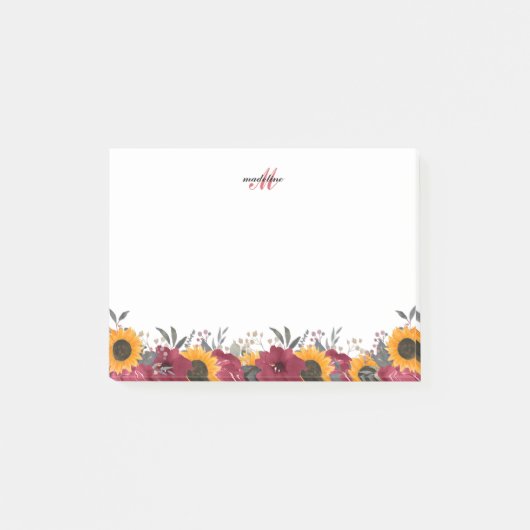 Monogram Elegant Rustic Sunflower Burgundy Post-it® Notes (Voorkant)