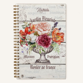 Monogram elegant rustic wood floral French artwork Notitieboek