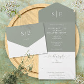 Monogram Elegant Sage Green Minimalist Wedding All In One Uitnodiging