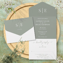 Monogram Elegant Sage Green Minimalist Wedding All In One Uitnodiging