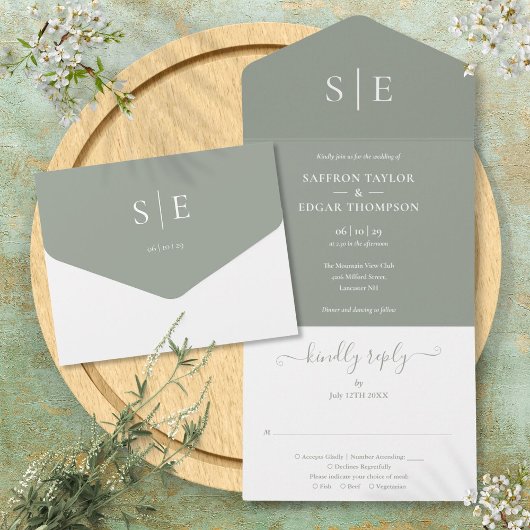 Monogram Elegant Sage Green Minimalist Wedding All In One Uitnodiging
