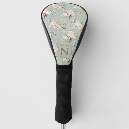 Monogram Elegant Sage Pink Floral Golf Golfheadcover (Voorkant)