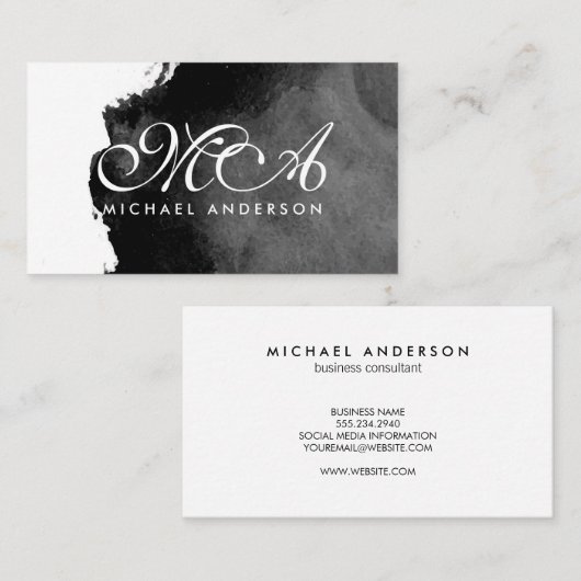 Monogram Elegant Script Inkt Zwart Achtergrond Visitekaartje (Voorkant / Achterkant)