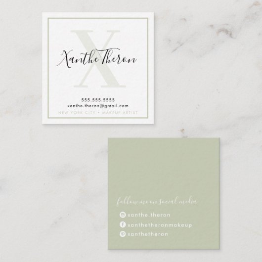 MONOGRAM elegant script modern minimal sage groen Vierkante Visitekaartje (Voorkant / Achterkant)