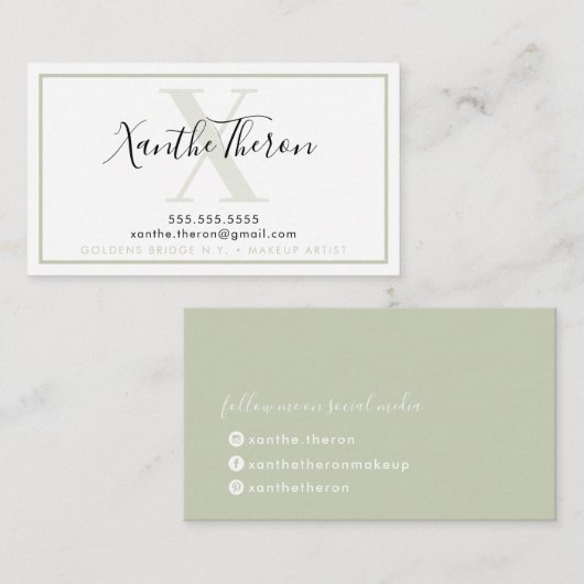 MONOGRAM elegant script modern minimal sage groen Visitekaartje (Voorkant / Achterkant)
