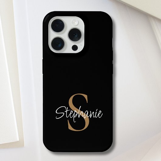 Monogram Elegant Script Name Black Gold  iPhone Hoesje