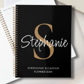 Monogram Elegant Script Name Black Gold  Planner