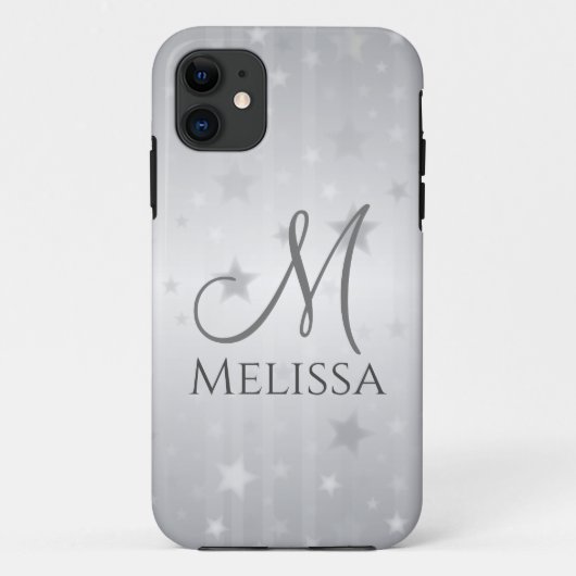 Monogram Elegant Silver Gray Stars Case-Mate iPhone Case (Achterkant)