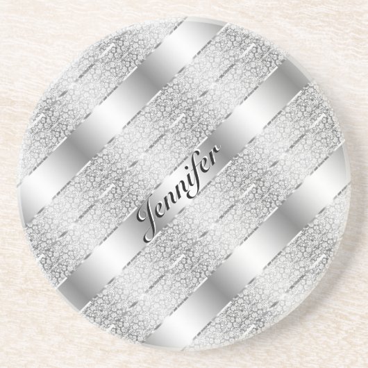 Monogram Elegant Silver Grey Metallic Stripes Zandsteen Onderzetter (Voorkant)