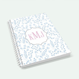  Monogram Elegant Simple Blue Floral Notitieboek