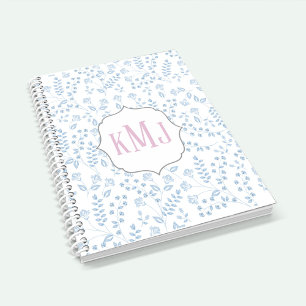 Monogram Elegant Simple Blue Floral Notitieboek