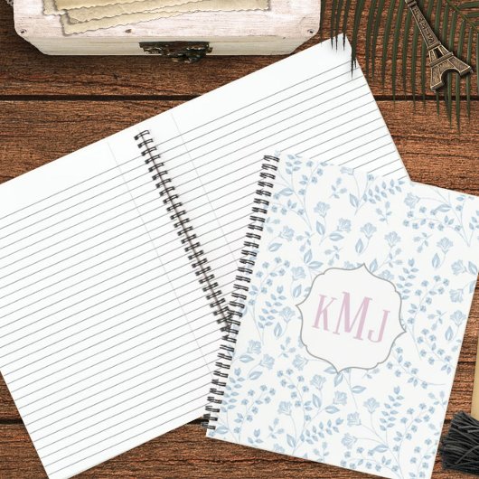 Monogram Elegant Simple Blue Floral Notitieboek