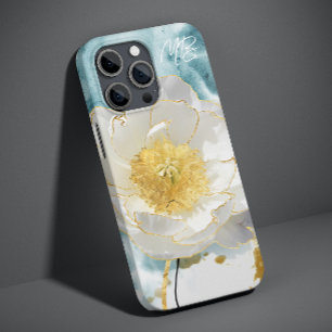Monogram Elegant Simple White Flower Waterverf Case-Mate iPhone 14 Hoesje