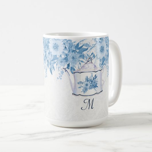 Monogram Elegant Teapot Dusty Blue in White Floral Koffiemok (Voorkant rechts)