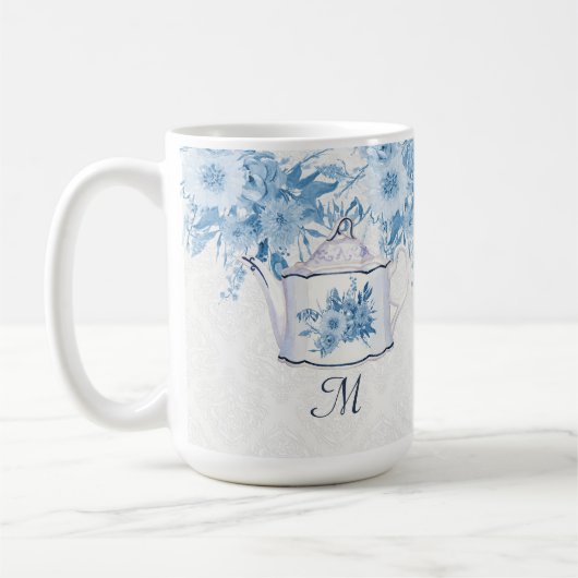 Monogram Elegant Teapot Dusty Blue in White Floral Koffiemok (Links)