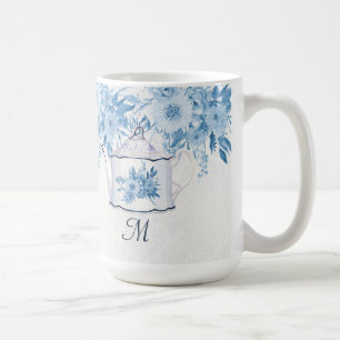 Monogram Elegant Teapot Dusty Blue in White Floral Koffiemok