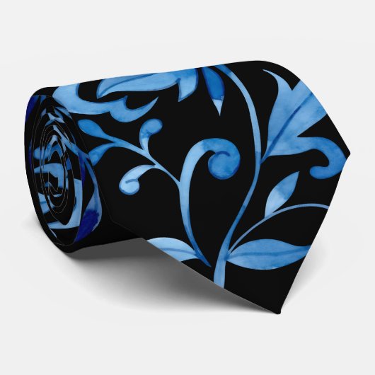 Monogram Elegant Vintage Blauwe Bloemmotief Stropdas (Opgerold)