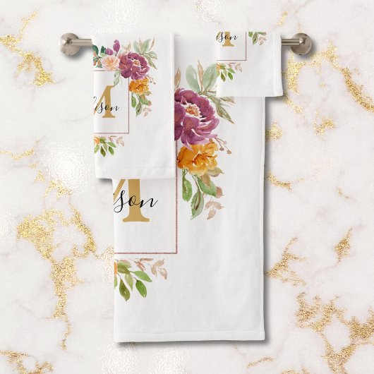 Monogram Elegant Waterverf Roos Floral Botanical Bad Handdoek