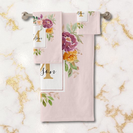 Monogram Elegant Waterverf Roos Floral Botanical Bad Handdoek