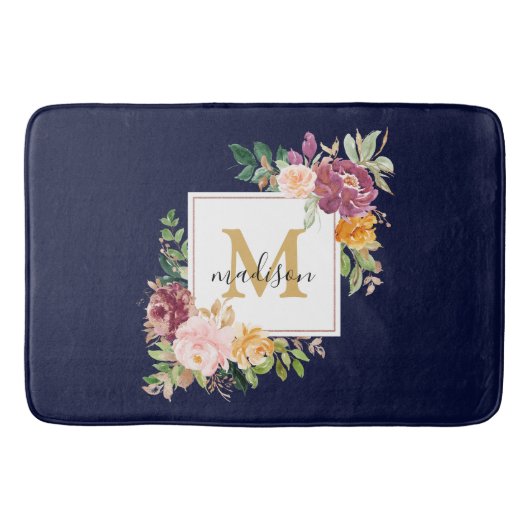 Monogram Elegant Waterverf Roos Floral Botanical Badmat (Voorkant)