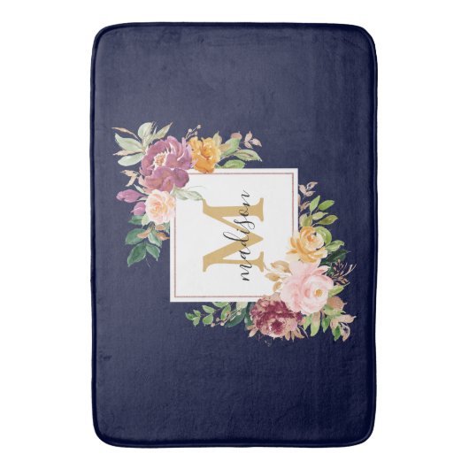 Monogram Elegant Waterverf Roos Floral Botanical Badmat (Voorkant Verticaal)