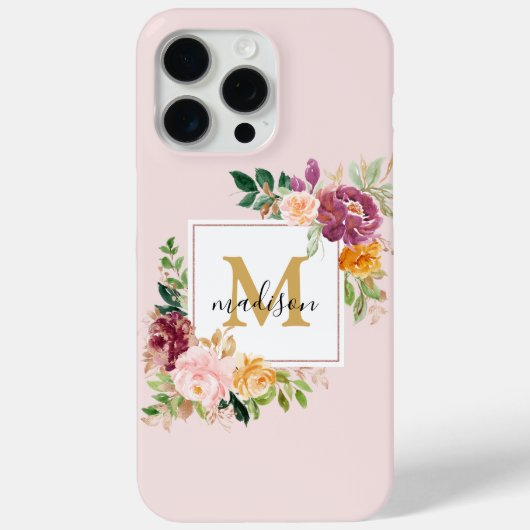 Monogram Elegant Waterverf Roos Floral Botanical Case-Mate iPhone Case (Achterkant)