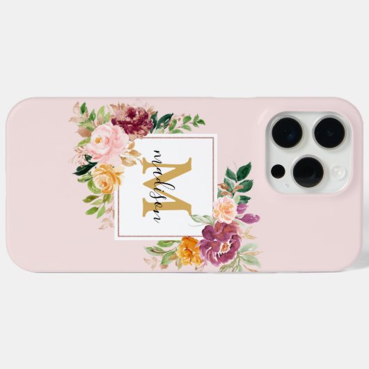 Monogram Elegant Waterverf Roos Floral Botanical Case-Mate iPhone Case (Achterkant (horizontaal))