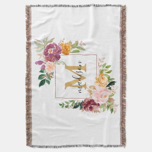 Monogram Elegant Waterverf Roos Floral Botanical Deken (Voorkant Verticaal)