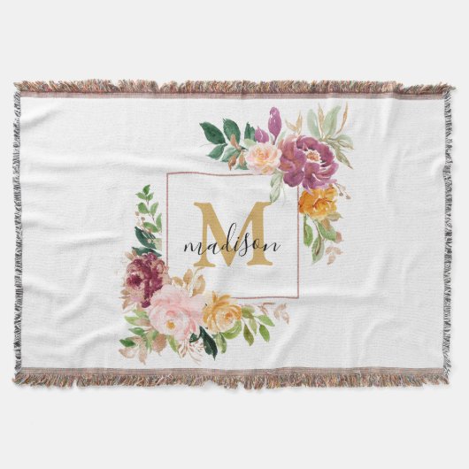 Monogram Elegant Waterverf Roos Floral Botanical Deken (Voorkant)