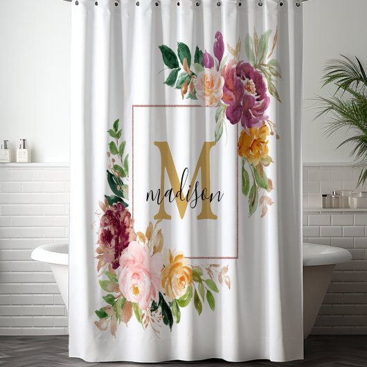 Monogram Elegant Waterverf Roos Floral Botanical Douchegordijn