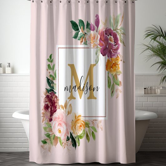 Monogram Elegant Waterverf Roos Floral Botanical Douchegordijn