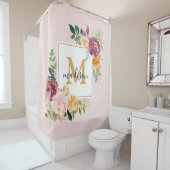Monogram Elegant Waterverf Roos Floral Botanical Douchegordijn (In situ)