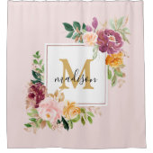 Monogram Elegant Waterverf Roos Floral Botanical Douchegordijn (Voorkant)
