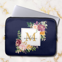 Monogram Elegant Waterverf Roos Floral Botanical Laptop Sleeve