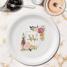 Monogram Elegant Waterverf Roos Floral Botanical Papieren Bordje