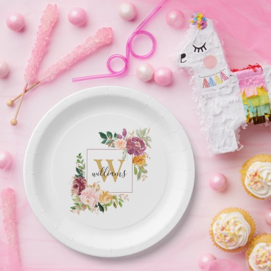 Monogram Elegant Waterverf Roos Floral Botanical Papieren Bordje (Feest)