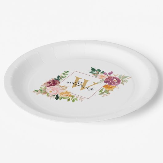 Monogram Elegant Waterverf Roos Floral Botanical Papieren Bordje (Gekanteld)