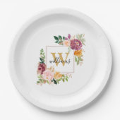 Monogram Elegant Waterverf Roos Floral Botanical Papieren Bordje (Voorkant)