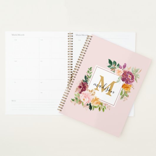 Monogram Elegant Waterverf Roos Floral Botanical Planner (Display)