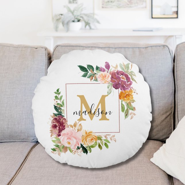 Monogram Elegant Waterverf Roos Floral Botanical Rond Kussen (In situ)