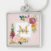 Monogram Elegant Waterverf Roos Floral Botanical Sleutelhanger (Voorkant)